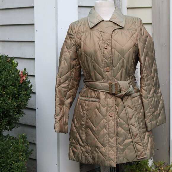 LOFT Petite Tan Iridescent Quilted Belted Insulated Trench Coat Jacket Sz MP - Picture 1 of 7